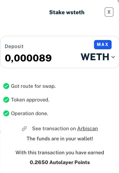 AutoLayer app screen: stake wstETH with a WETH deposit, showing route found, token approved, operation done, and 0.2650 AutoLayer points earned